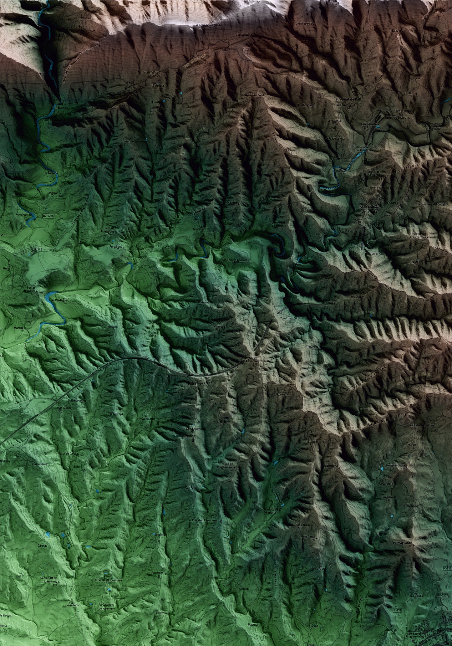 Mapa artístico del relieve de l'Esquirol, a Osona, con 15 km de entorno y base topográfica ICGC. Detalle de la zona superior izquierda.