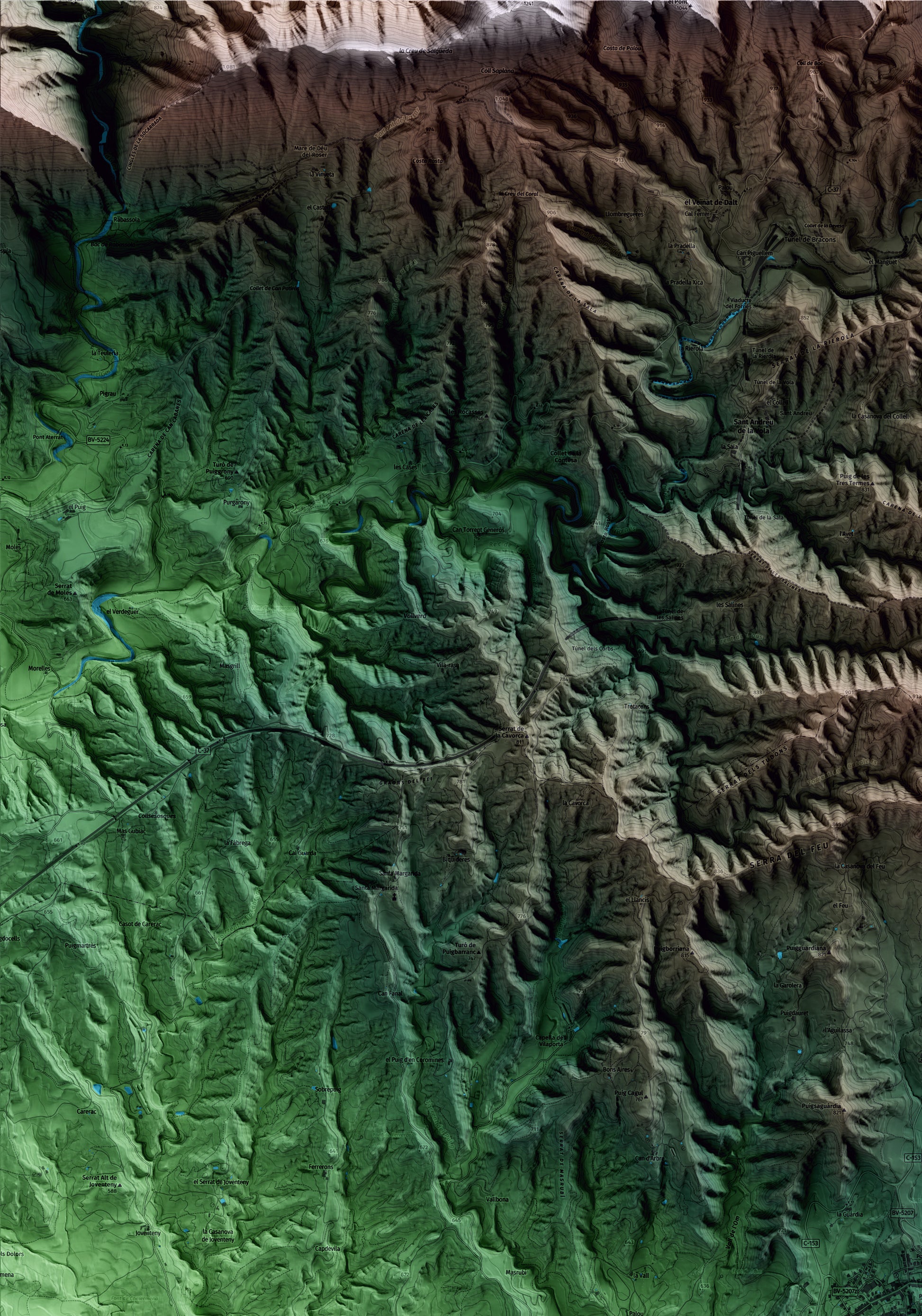 Mapa artístico del relieve de l'Esquirol, a Osona, con 15 km de entorno y base topográfica ICGC. Detalle de la zona superior izquierda.