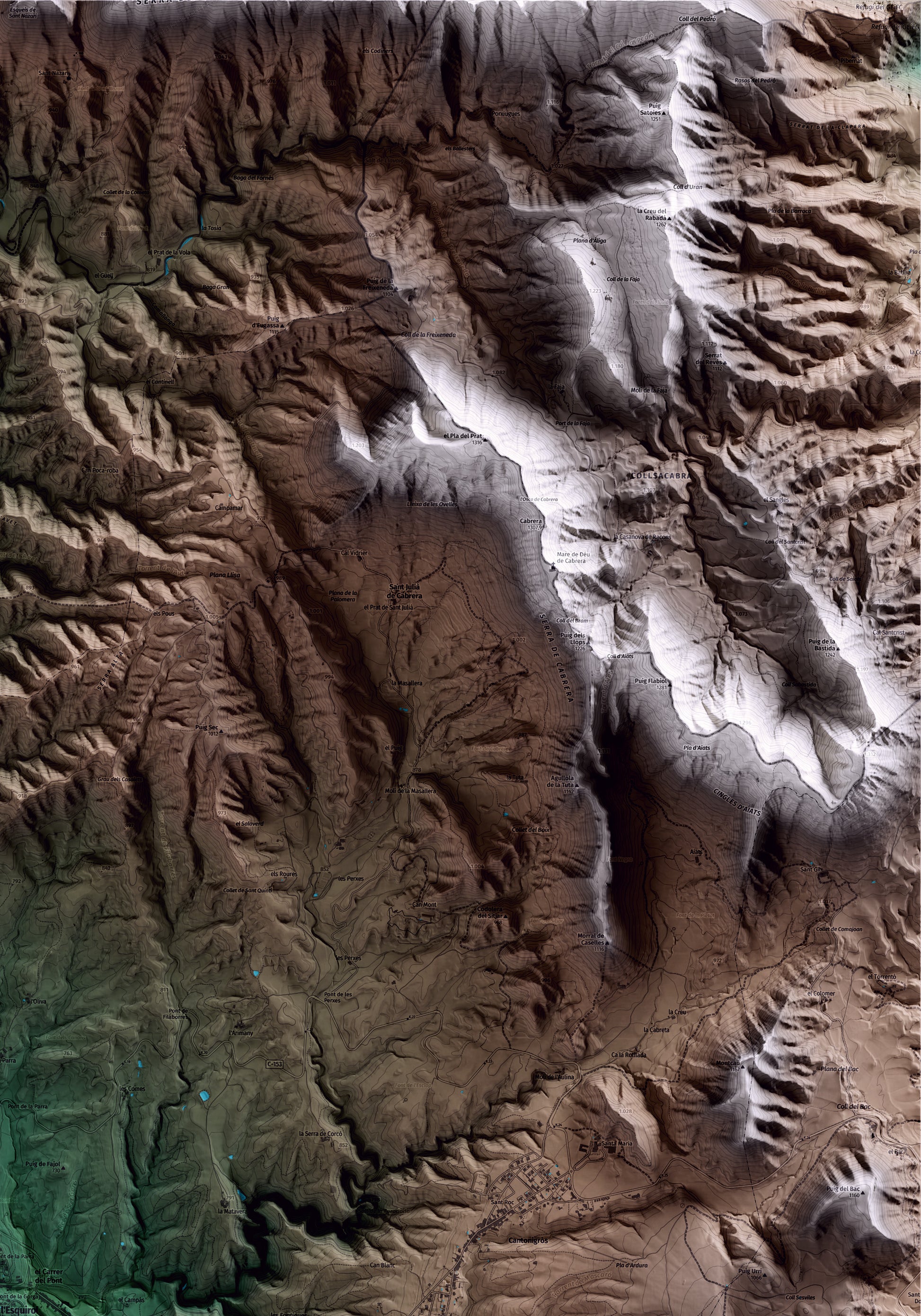 Mapa artístico del relieve de l'Esquirol, a Osona, con 15 km de entorno y base topográfica ICGC. Detalle de la zona superior derecha.
