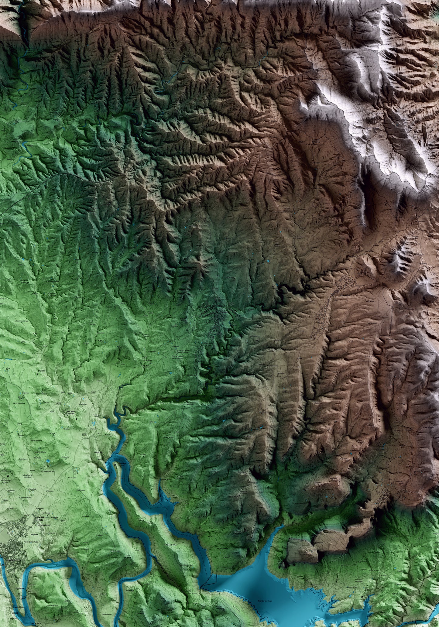 Mapa artístico del relieve de l'Esquirol, a Osona, con 15 km de entorno y base topográfica ICGC