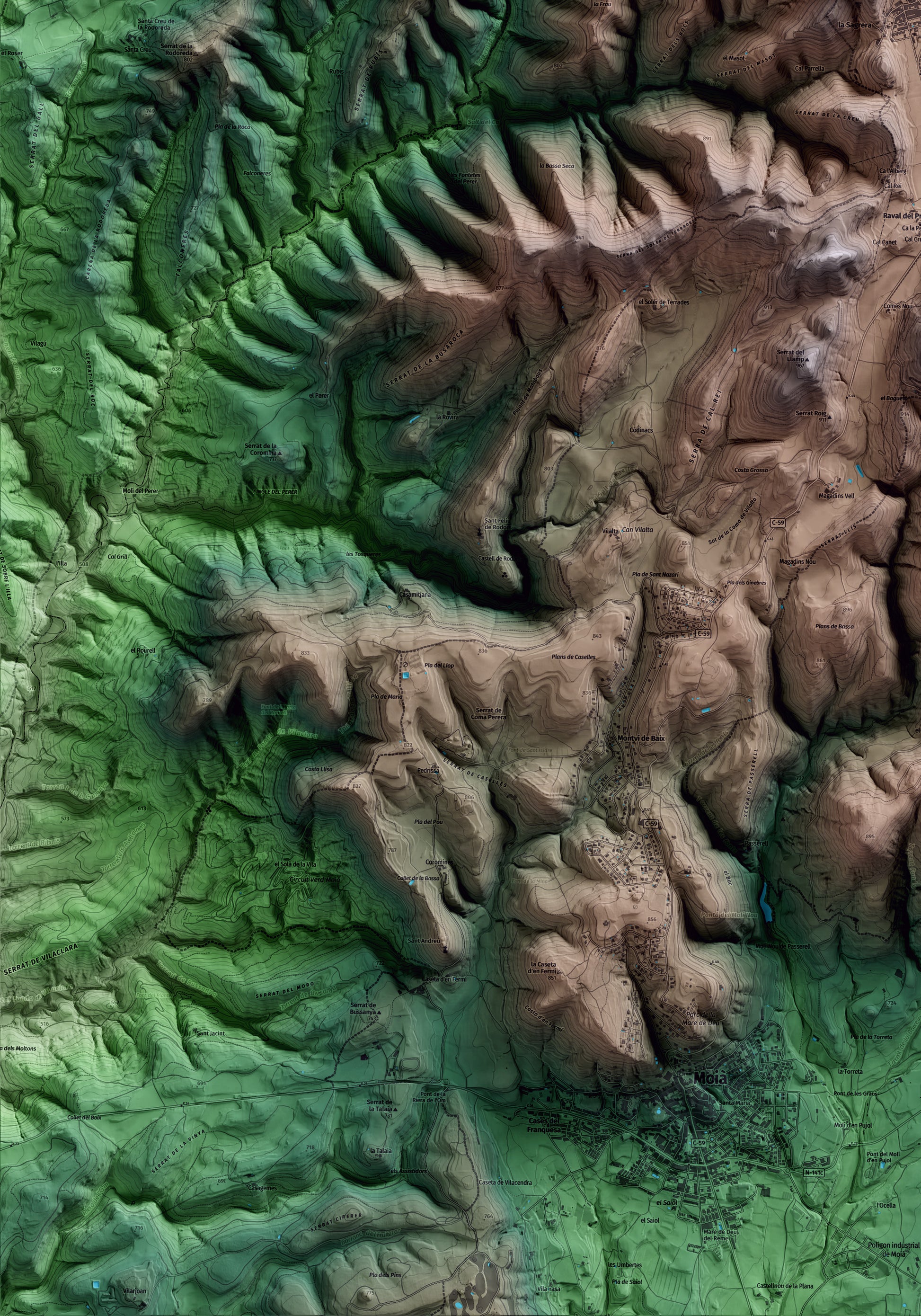 Mapa artístico del relieve de l'Estany, al Moianès, con 15 km de entorno y base topográfica ICGC. Detalle de la zona inferior izquierda.