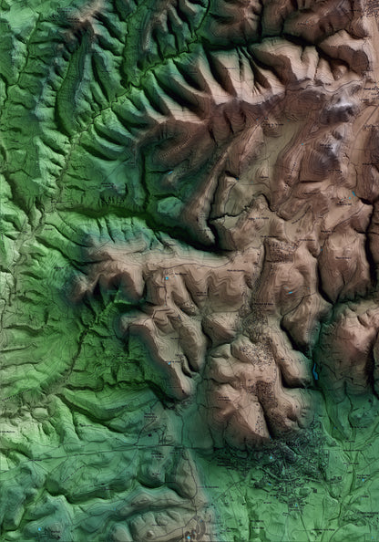 Mapa artístico del relieve de l'Estany, al Moianès, con 15 km de entorno y base topográfica ICGC. Detalle de la zona inferior izquierda.
