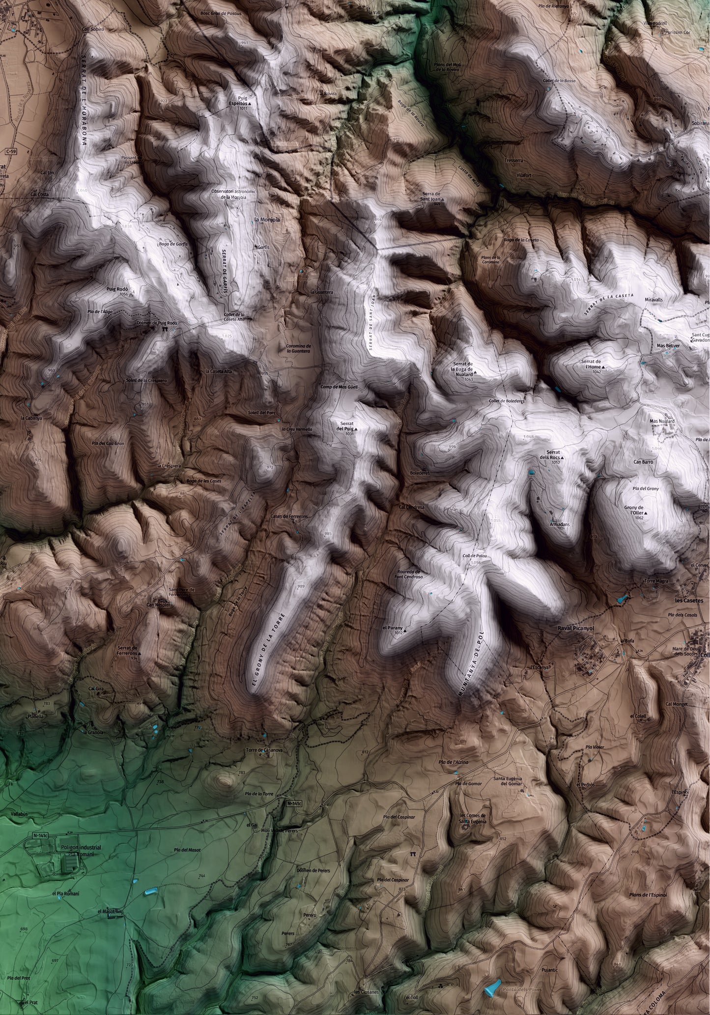 Mapa artístico del relieve de l'Estany, al Moianès, con 15 km de entorno y base topográfica ICGC. Detalle de la zona inferior derecha.