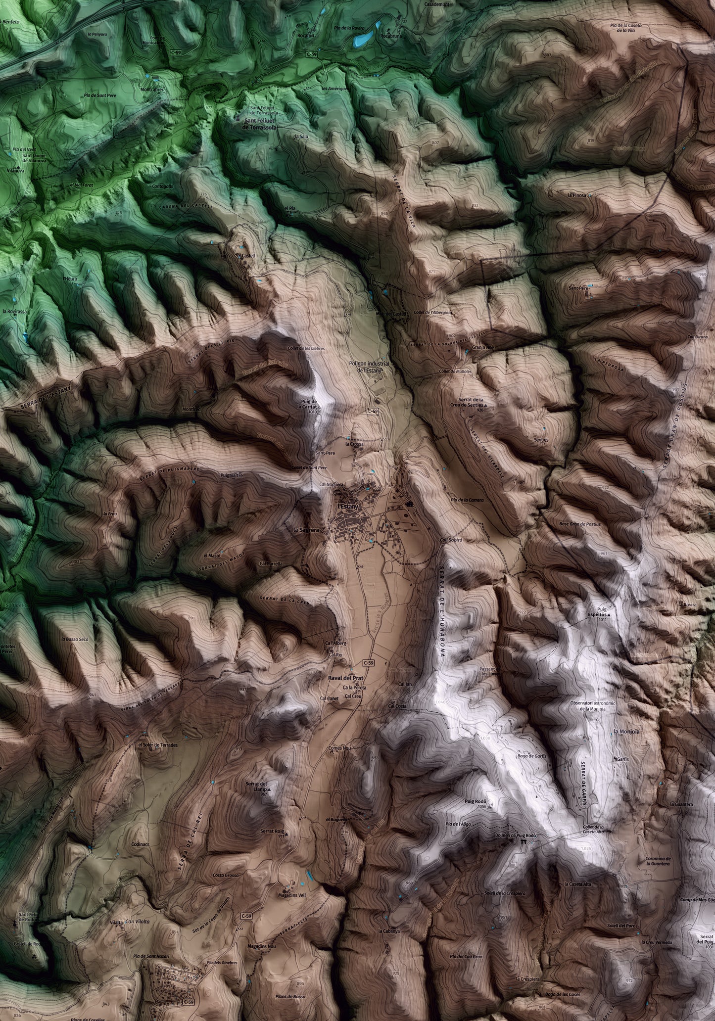 Mapa artístico del relieve de l'Estany, al Moianès, con 15 km de entorno y base topográfica ICGC. Detalle de la zona central.