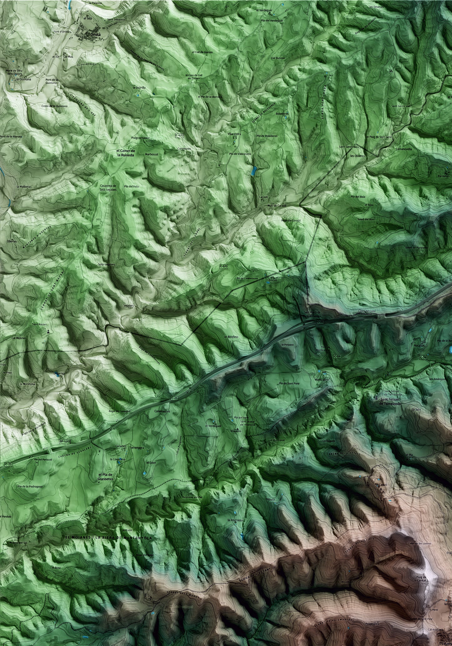 Mapa artístico del relieve de l'Estany, al Moianès, con 15 km de entorno y base topográfica ICGC. Detalle de la zona superior izquierda.