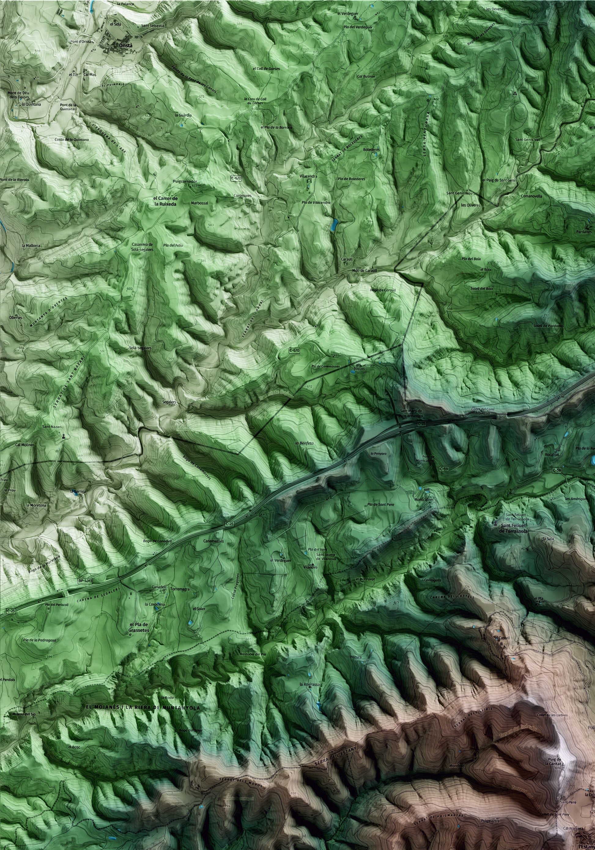 Mapa artístico del relieve de l'Estany, al Moianès, con 15 km de entorno y base topográfica ICGC. Detalle de la zona superior izquierda.