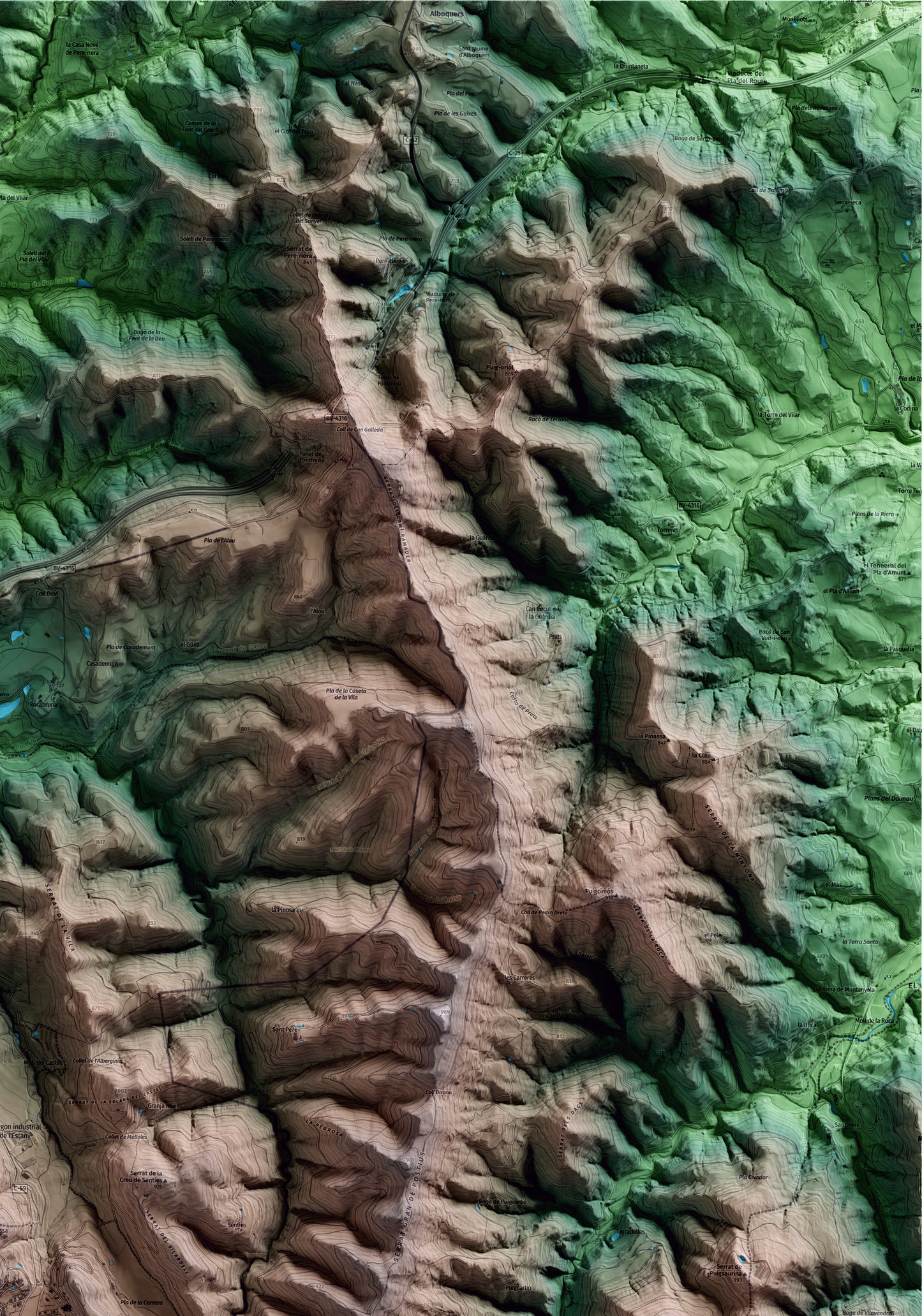 Mapa artístico del relieve de l'Estany, al Moianès, con 15 km de entorno y base topográfica ICGC. Detalle de la zona superior derecha.