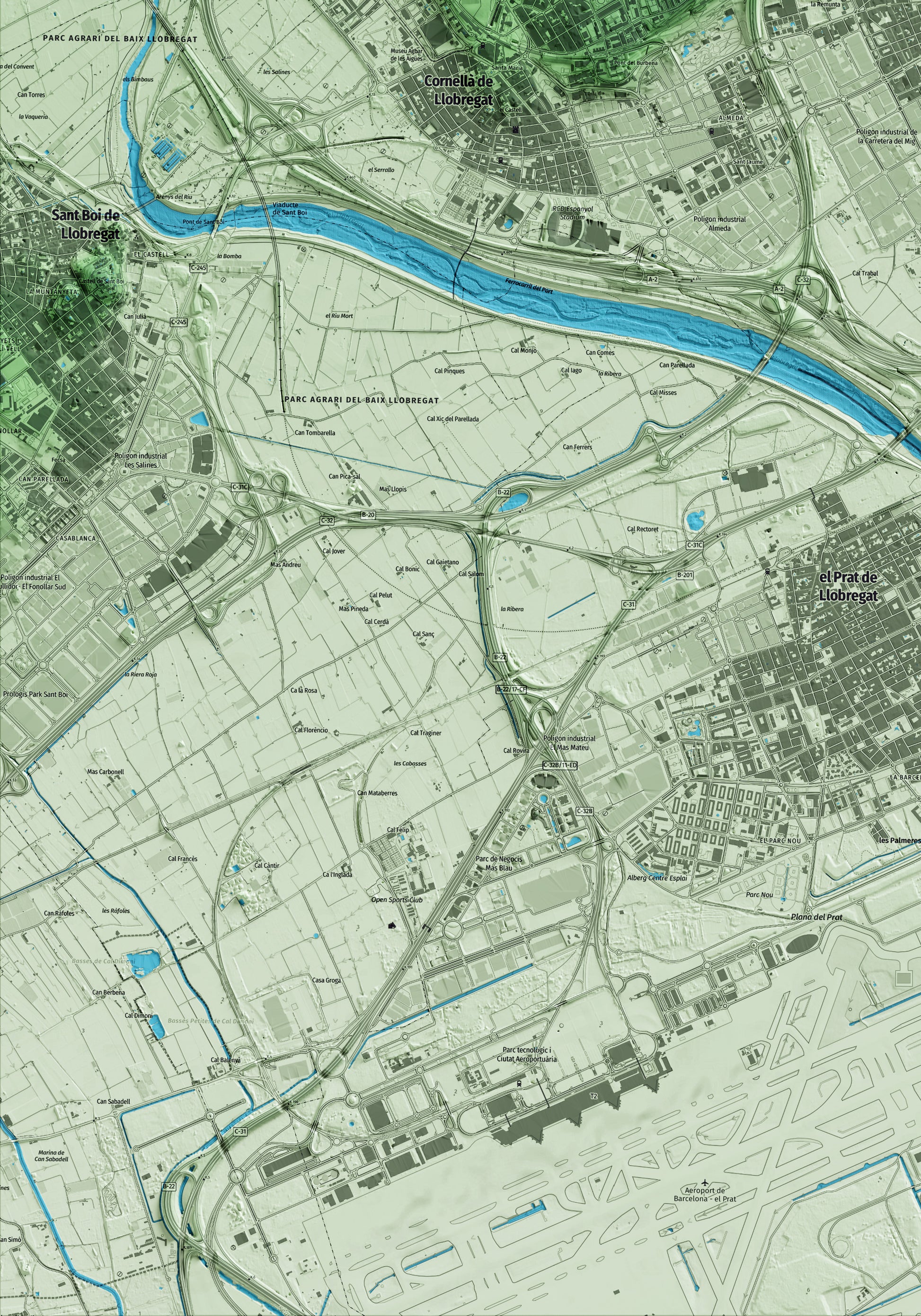 Mapa artístico del relieve de l'Hospitalet de Llobregat, al Barcelonès, con 15 km de entorno y base topográfica ICGC. Detalle de la zona inferior izquierda.