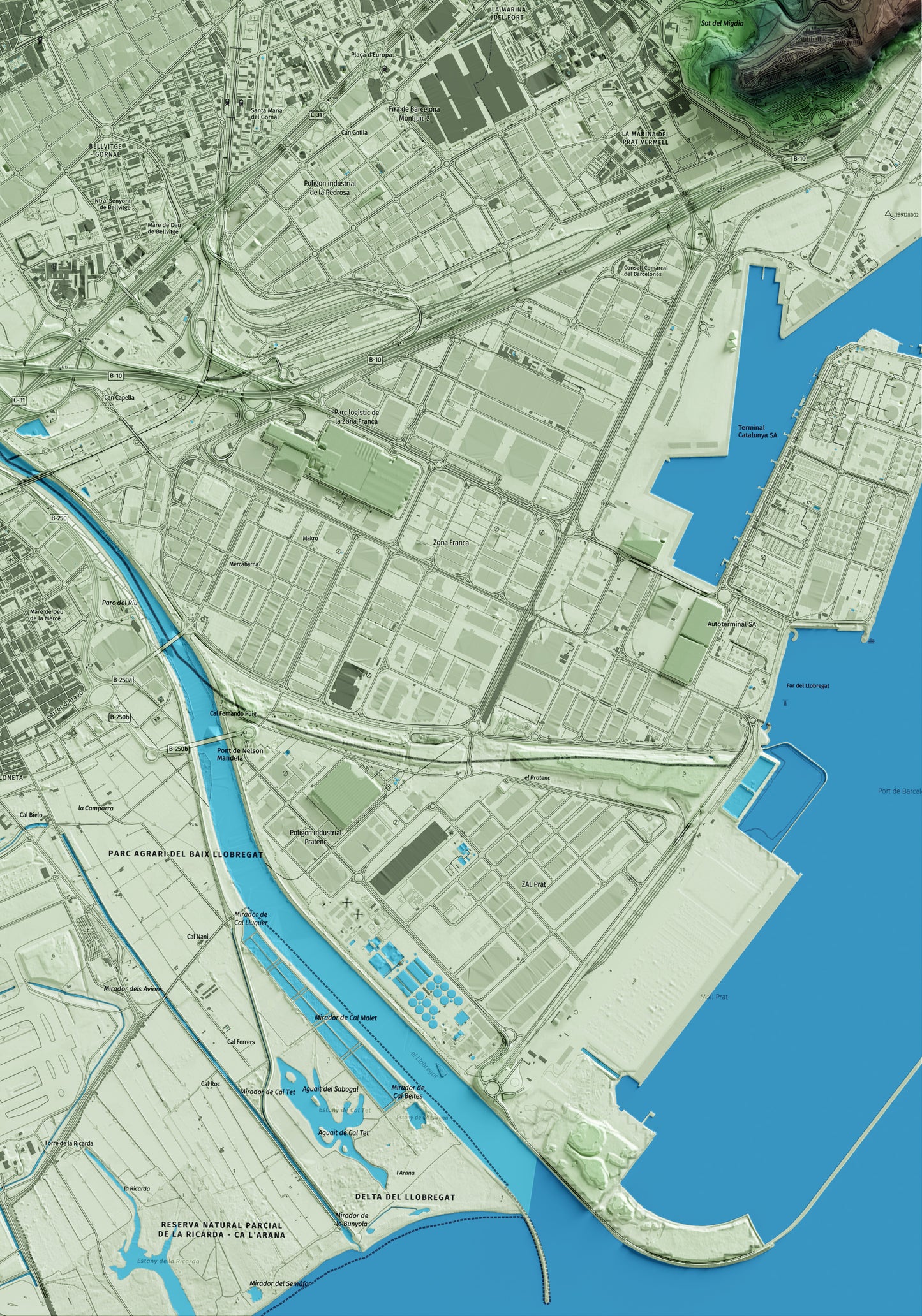 Mapa artístico del relieve de l'Hospitalet de Llobregat, al Barcelonès, con 15 km de entorno y base topográfica ICGC. Detalle de la zona inferior derecha.