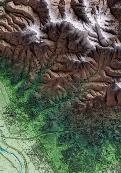 Mapa artístico del relieve de l'Hospitalet de Llobregat, al Barcelonès, con 15 km de entorno y base topográfica ICGC. Detalle de la zona superior izquierda.