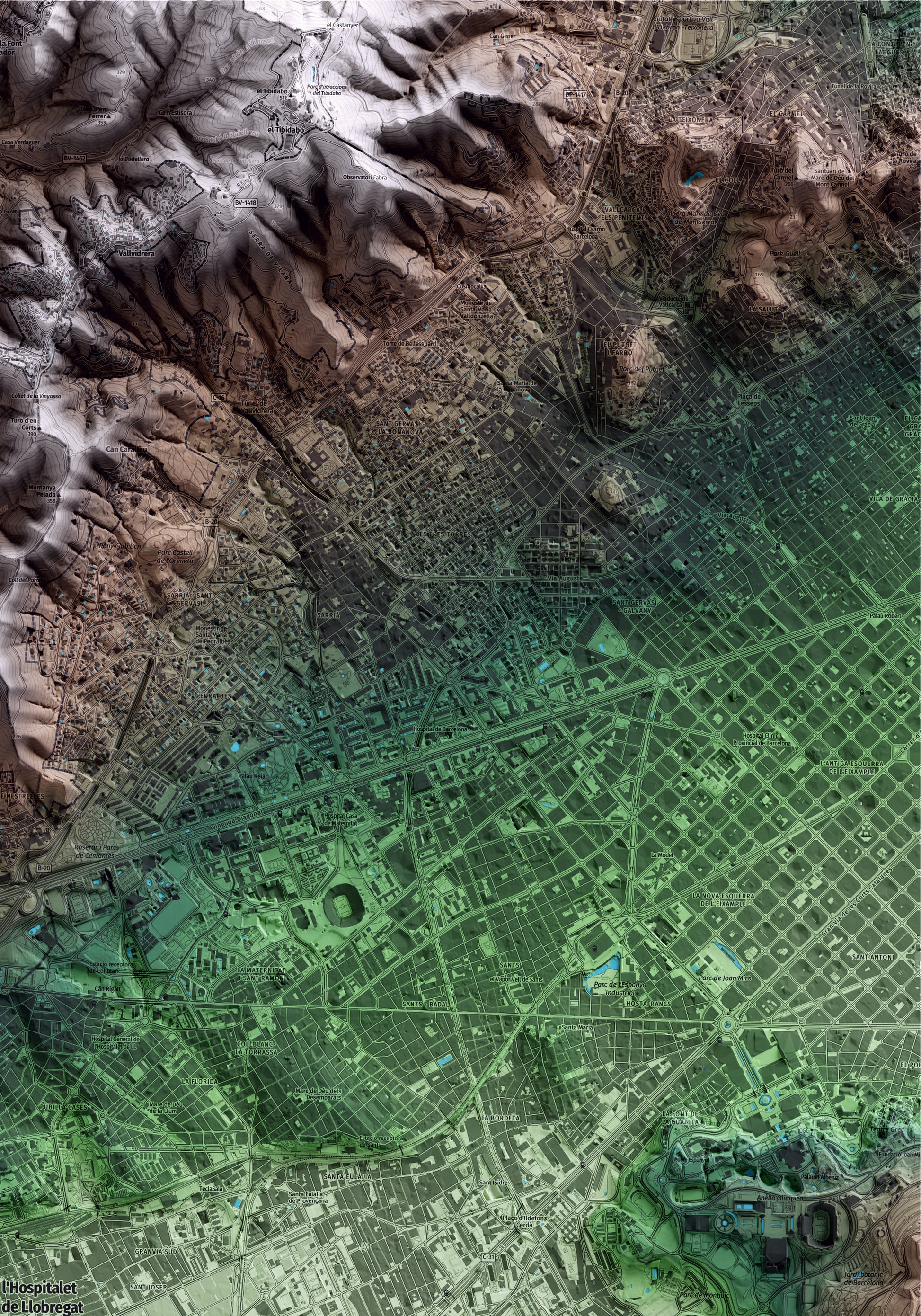Mapa artístico del relieve de l'Hospitalet de Llobregat, al Barcelonès, con 15 km de entorno y base topográfica ICGC. Detalle de la zona superior derecha.