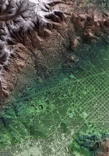 Mapa artístico del relieve de l'Hospitalet de Llobregat, al Barcelonès, con 15 km de entorno y base topográfica ICGC. Detalle de la zona superior derecha.