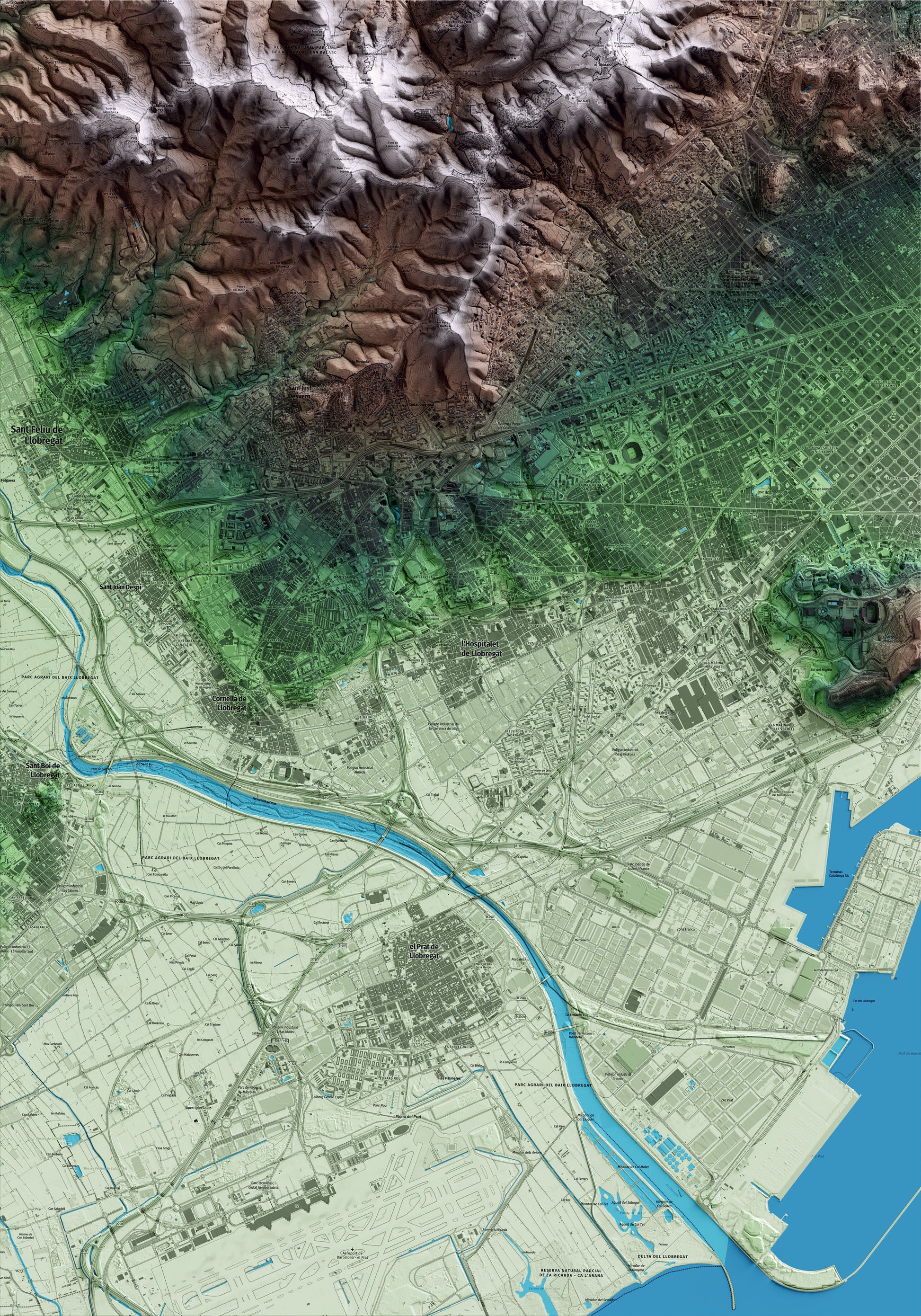 Mapa artístico del relieve de l'Hospitalet de Llobregat, al Barcelonès, con 15 km de entorno y base topográfica ICGC