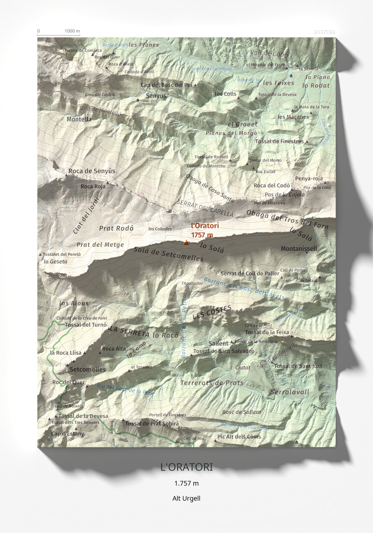 Mapa de relieve de l'Oratori, 1757 m, Alt Urgell, lámina 100 Cims de Trobart 21 × 30 cm.