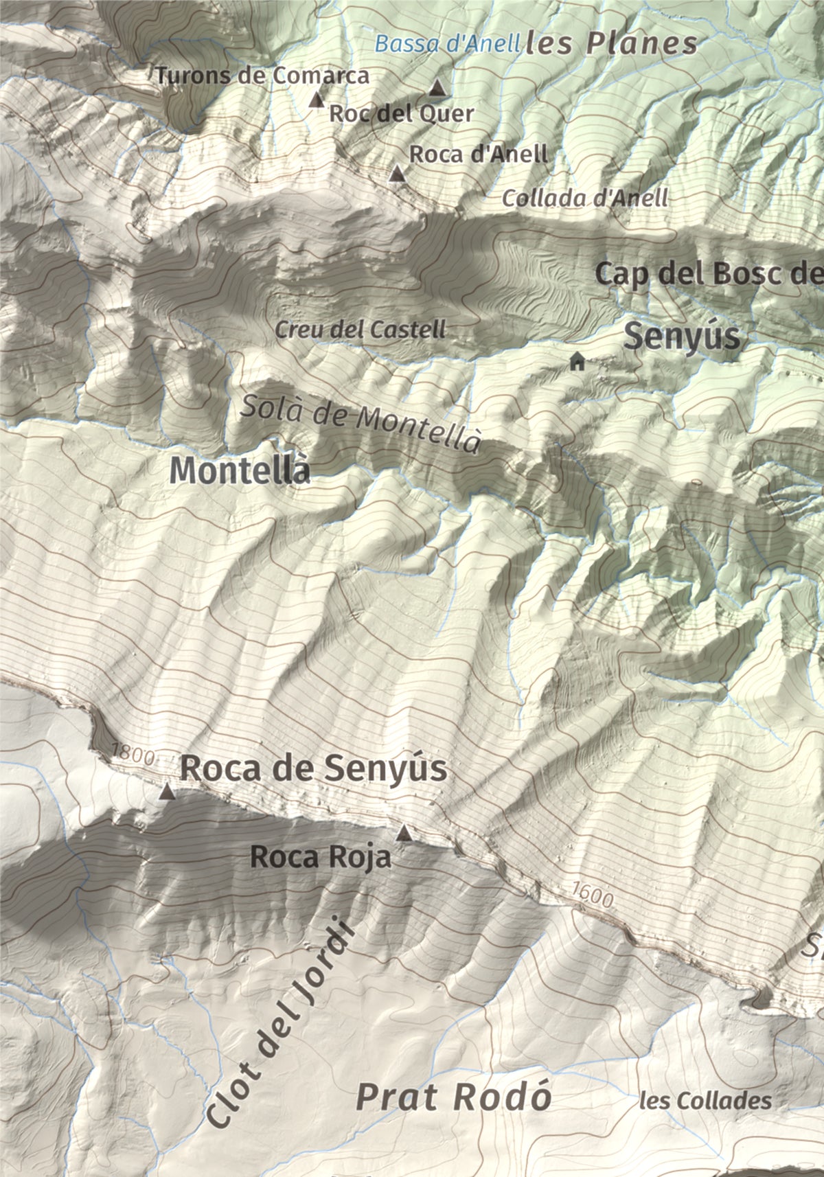 Mapa de relieve de l'Oratori, 1757 m, Alt Urgell, lámina 100 Cims de Trobart. Detalle de la zona superior izquierda. 21 × 30 cm.