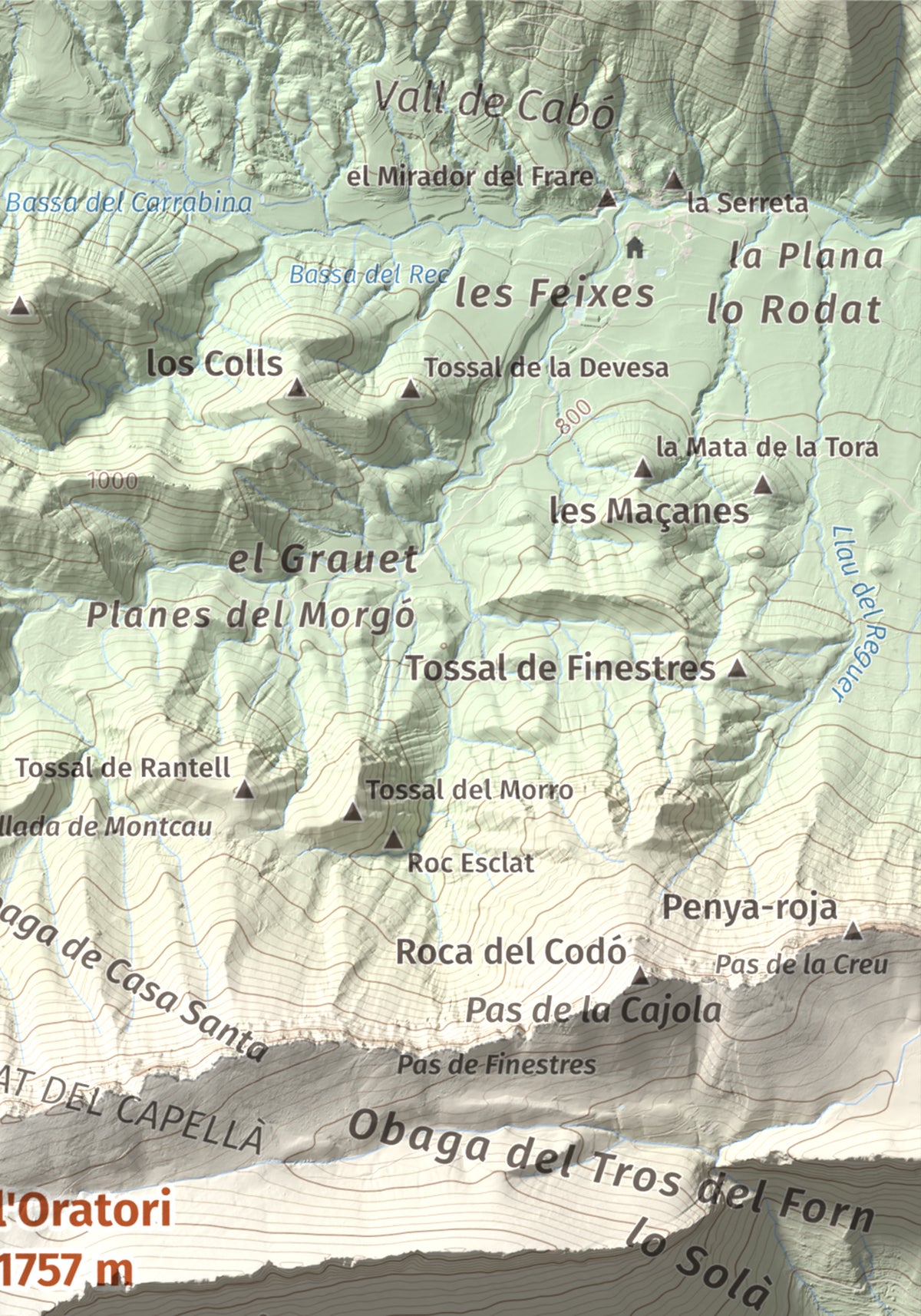 Mapa de relieve de l'Oratori, 1757 m, Alt Urgell, lámina 100 Cims de Trobart. Detalle de la zona superior derecha. 21 × 30 cm.
