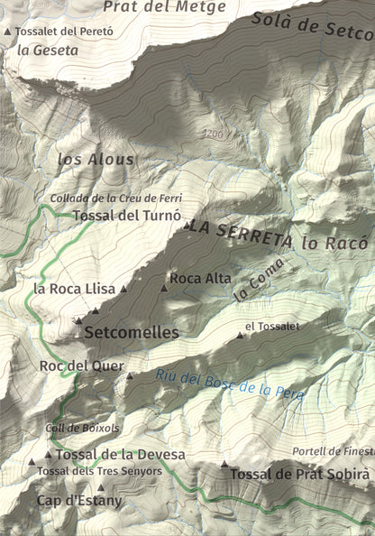 Mapa de relieve de l'Oratori, 1757 m, Alt Urgell, lámina 100 Cims de Trobart. Detalle de la zona inferior izquierda. 21 × 30 cm.