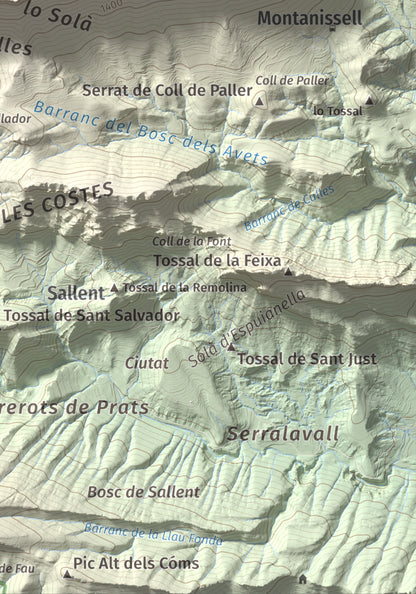 Mapa de relieve de l'Oratori, 1757 m, Alt Urgell, lámina 100 Cims de Trobart. Detalle de la zona inferior derecha. 21 × 30 cm.