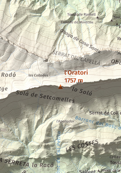 Mapa de relieve de l'Oratori, 1757 m, Alt Urgell, lámina 100 Cims de Trobart. Detalle de la zona central. 21 × 30 cm.