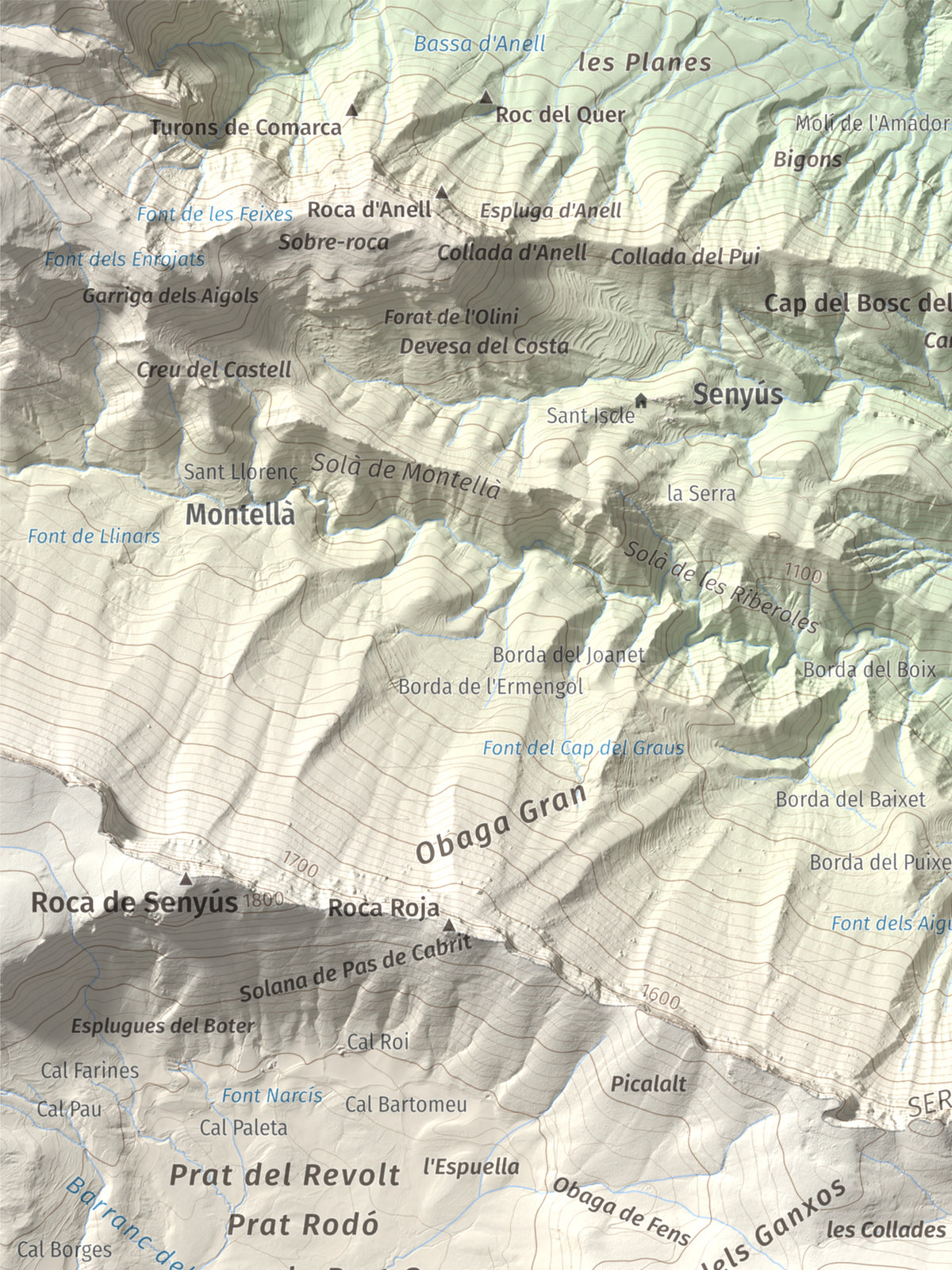 Mapa de relieve de l'Oratori, 1757 m, Alt Urgell, lámina 100 Cims de Trobart. Detalle de la zona superior izquierda. 30 × 40 cm.