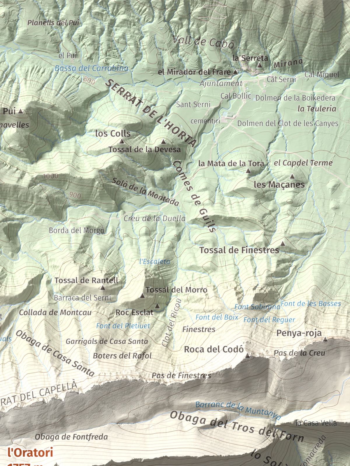 Mapa de relieve de l'Oratori, 1757 m, Alt Urgell, lámina 100 Cims de Trobart. Detalle de la zona superior derecha. 30 × 40 cm.