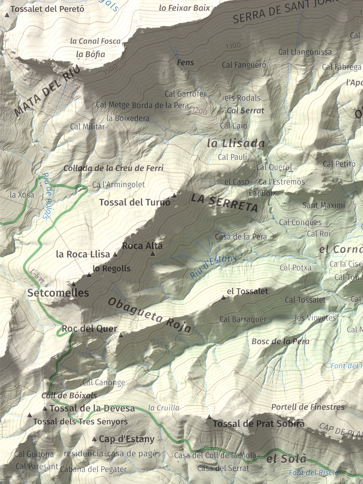 Mapa de relieve de l'Oratori, 1757 m, Alt Urgell, lámina 100 Cims de Trobart. Detalle de la zona inferior izquierda. 30 × 40 cm.