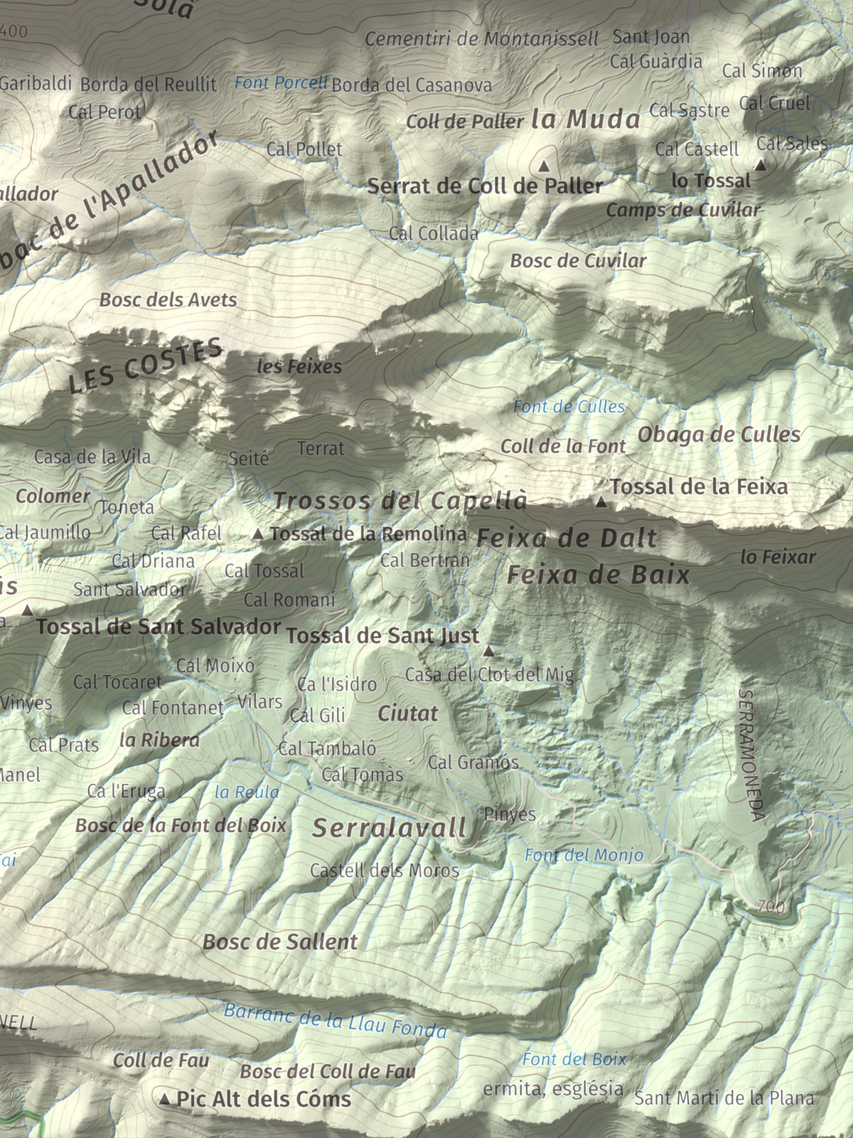 Mapa de relieve de l'Oratori, 1757 m, Alt Urgell, lámina 100 Cims de Trobart. Detalle de la zona inferior derecha. 30 × 40 cm.