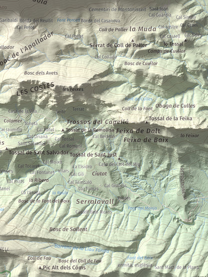 Mapa de relieve de l'Oratori, 1757 m, Alt Urgell, lámina 100 Cims de Trobart. Detalle de la zona inferior derecha. 30 × 40 cm.