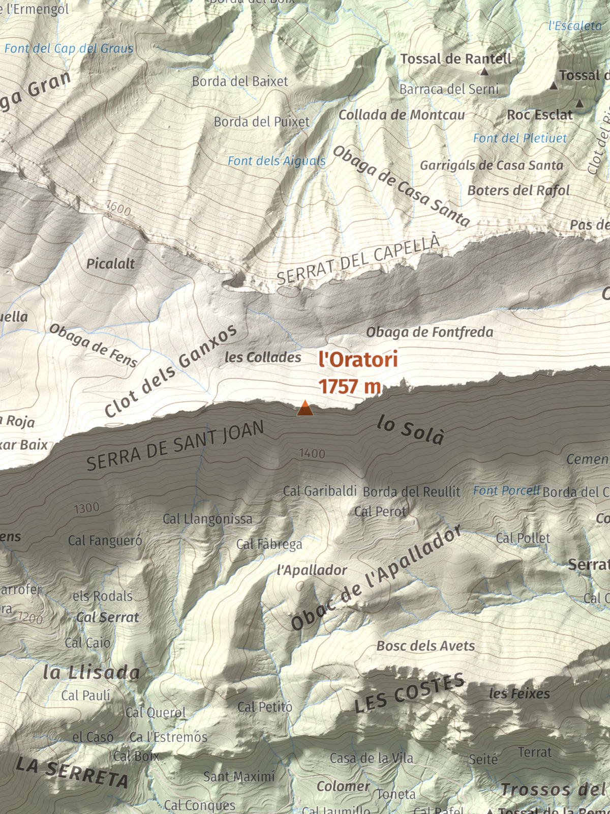 Mapa de relieve de l'Oratori, 1757 m, Alt Urgell, lámina 100 Cims de Trobart. Detalle de la zona central. 30 × 40 cm.