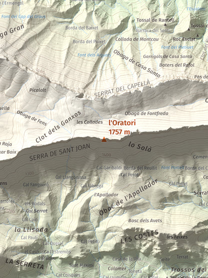 Mapa de relieve de l'Oratori, 1757 m, Alt Urgell, lámina 100 Cims de Trobart. Detalle de la zona central. 30 × 40 cm.