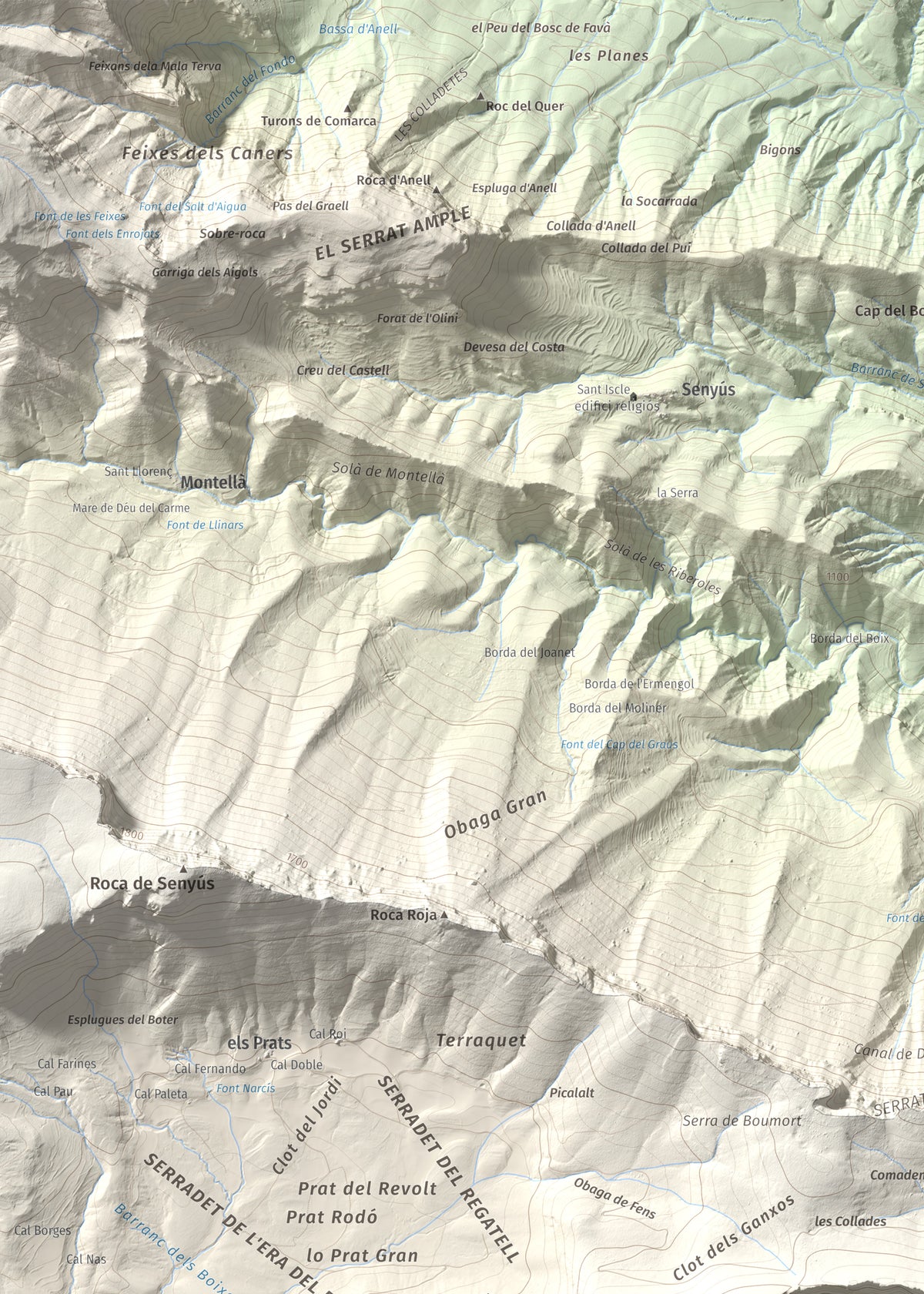 Mapa de relieve de l'Oratori, 1757 m, Alt Urgell, lámina 100 Cims de Trobart. Detalle de la zona superior izquierda. 50 × 70 cm.