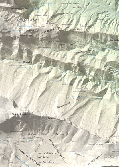 Mapa de relieve de l'Oratori, 1757 m, Alt Urgell, lámina 100 Cims de Trobart. Detalle de la zona superior izquierda. 50 × 70 cm.
