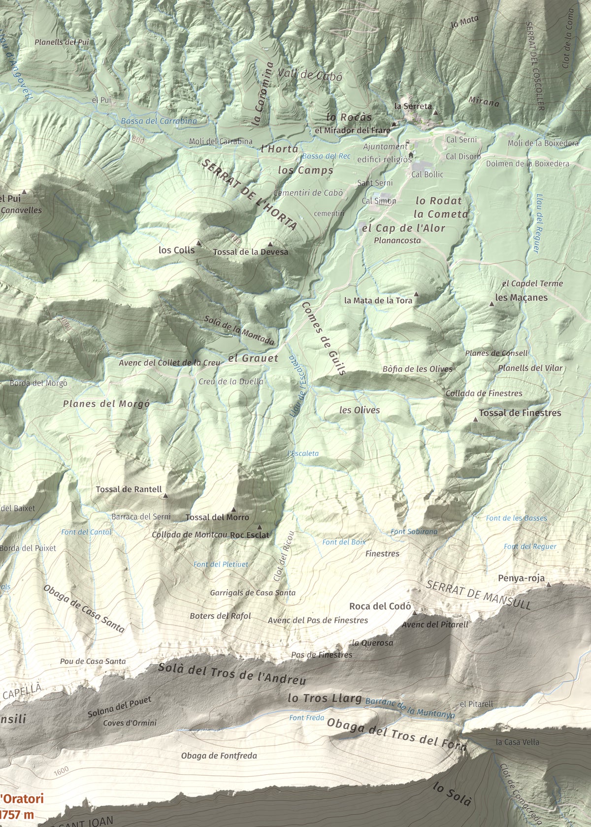 Mapa de relieve de l'Oratori, 1757 m, Alt Urgell, lámina 100 Cims de Trobart. Detalle de la zona superior derecha. 50 × 70 cm.