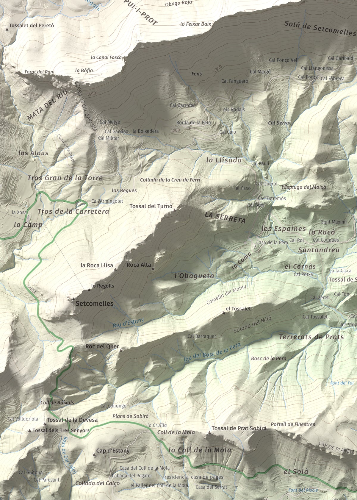 Mapa de relieve de l'Oratori, 1757 m, Alt Urgell, lámina 100 Cims de Trobart. Detalle de la zona inferior izquierda. 50 × 70 cm.