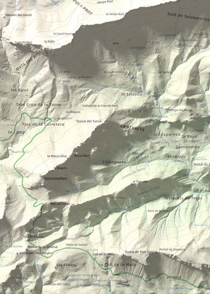 Mapa de relieve de l'Oratori, 1757 m, Alt Urgell, lámina 100 Cims de Trobart. Detalle de la zona inferior izquierda. 50 × 70 cm.