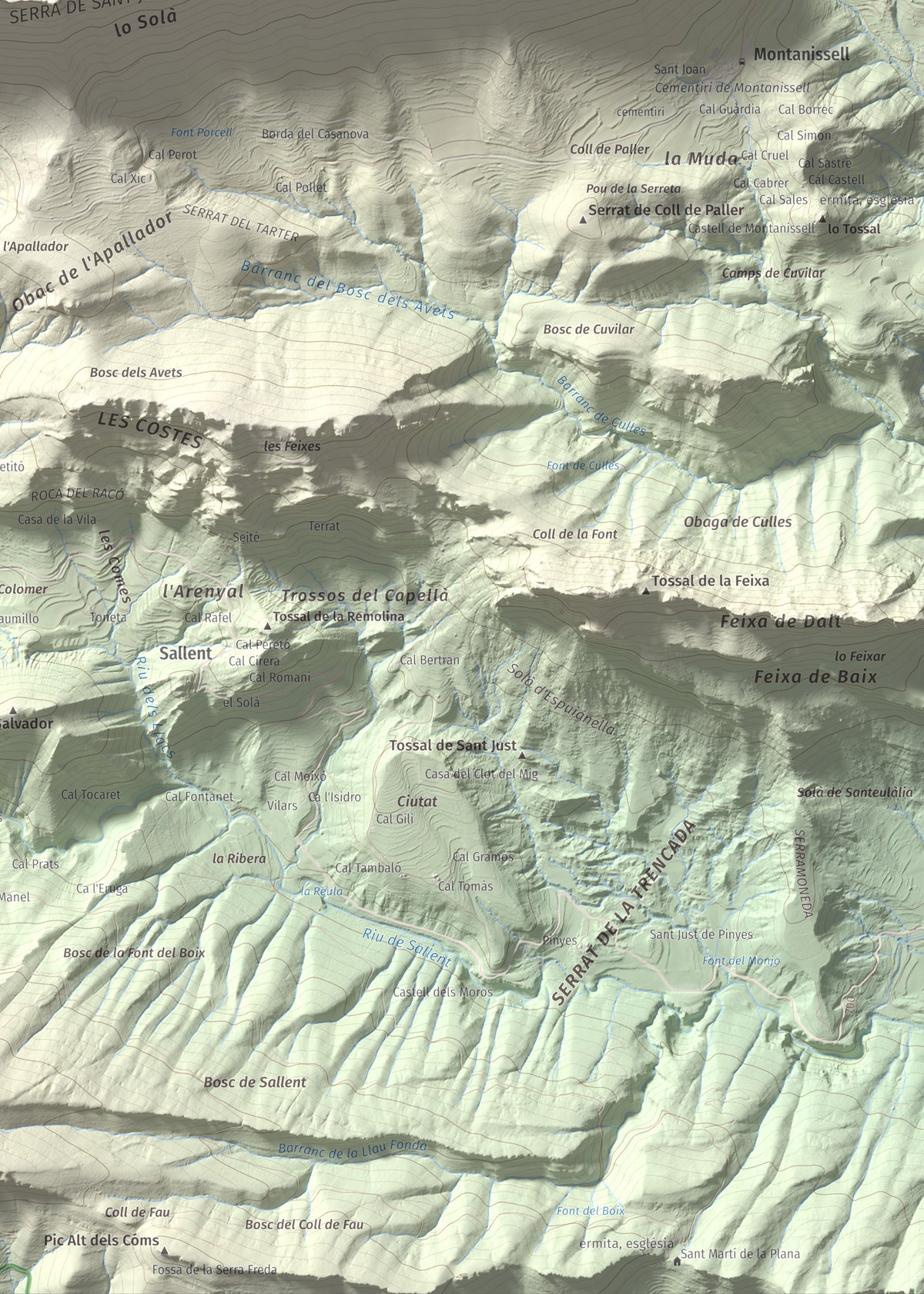 Mapa de relieve de l'Oratori, 1757 m, Alt Urgell, lámina 100 Cims de Trobart. Detalle de la zona inferior derecha. 50 × 70 cm.