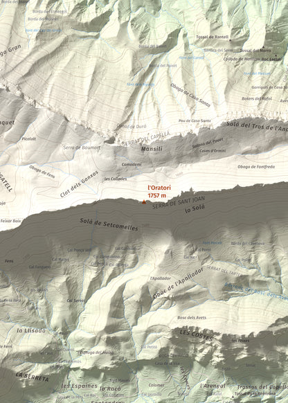 Mapa de relieve de l'Oratori, 1757 m, Alt Urgell, lámina 100 Cims de Trobart. Detalle de la zona central. 50 × 70 cm.