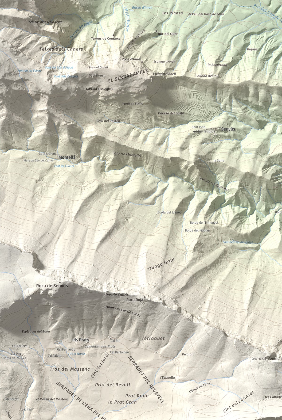 Mapa de relieve de l'Oratori, 1757 m, Alt Urgell, lámina 100 Cims de Trobart. Detalle de la zona superior izquierda. 61 × 91 cm.