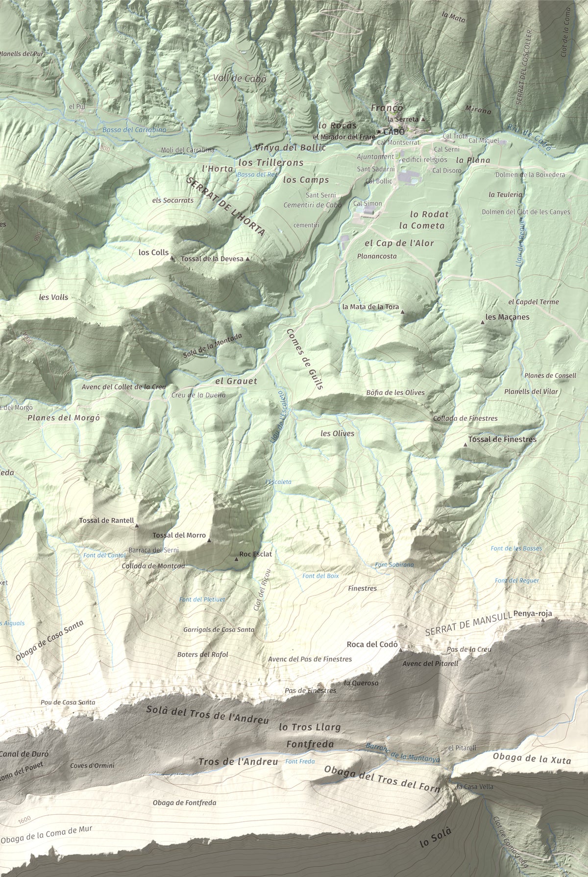 Mapa de relieve de l'Oratori, 1757 m, Alt Urgell, lámina 100 Cims de Trobart. Detalle de la zona superior derecha. 61 × 91 cm.
