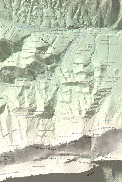 Mapa de relieve de l'Oratori, 1757 m, Alt Urgell, lámina 100 Cims de Trobart. Detalle de la zona superior derecha. 61 × 91 cm.