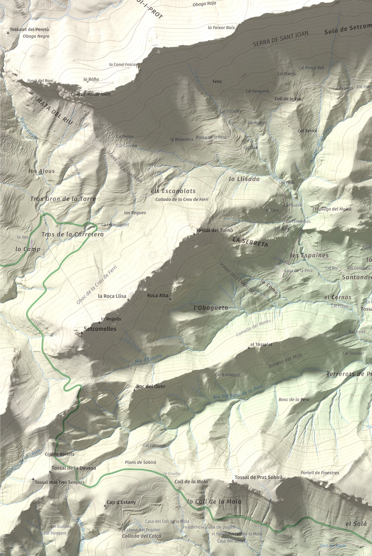 Mapa de relieve de l'Oratori, 1757 m, Alt Urgell, lámina 100 Cims de Trobart. Detalle de la zona inferior izquierda. 61 × 91 cm.