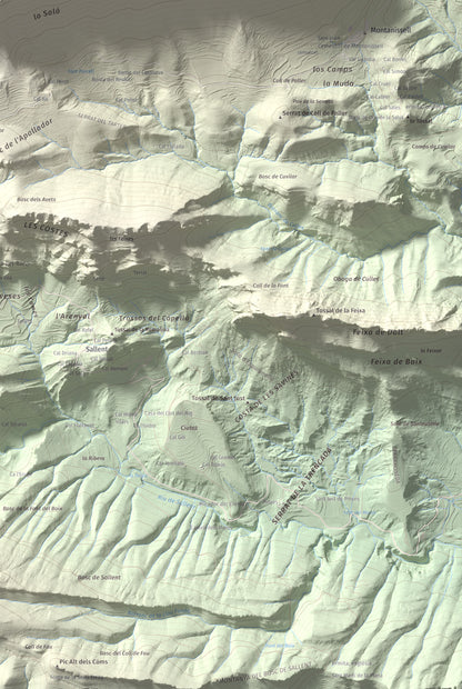 Mapa de relieve de l'Oratori, 1757 m, Alt Urgell, lámina 100 Cims de Trobart. Detalle de la zona inferior derecha. 61 × 91 cm.