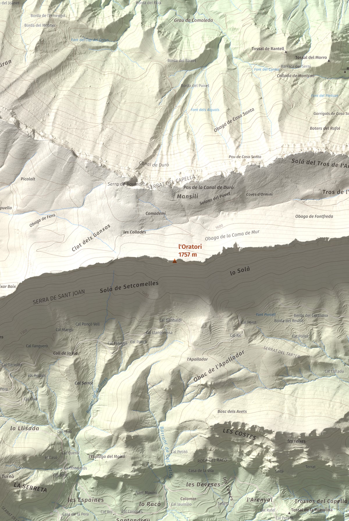 Mapa de relieve de l'Oratori, 1757 m, Alt Urgell, lámina 100 Cims de Trobart. Detalle de la zona central. 61 × 91 cm.