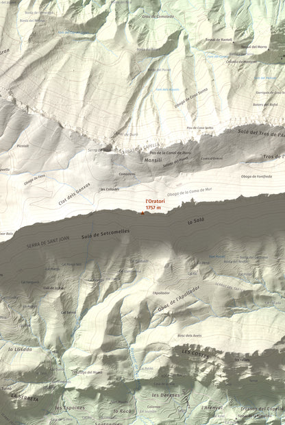 Mapa de relieve de l'Oratori, 1757 m, Alt Urgell, lámina 100 Cims de Trobart. Detalle de la zona central. 61 × 91 cm.