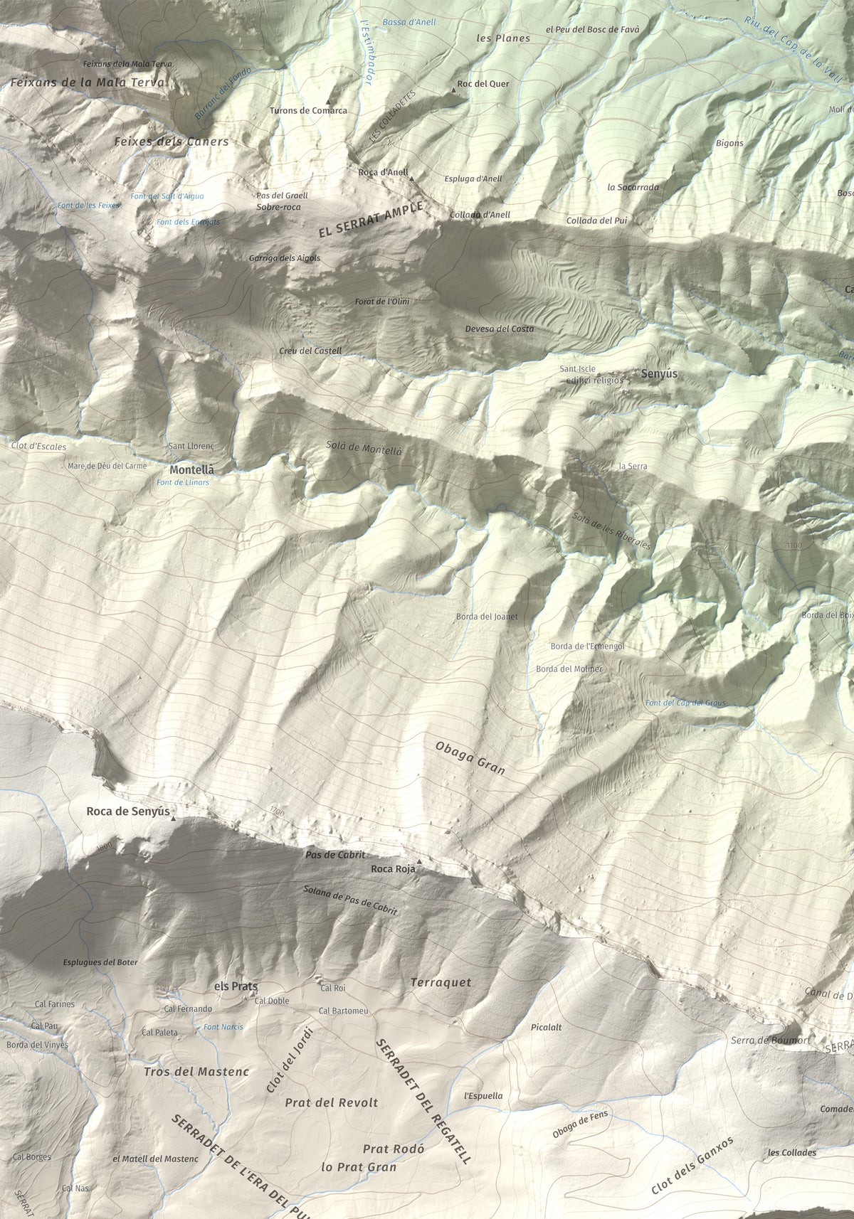 Mapa de relieve de l'Oratori, 1757 m, Alt Urgell, lámina 100 Cims de Trobart. Detalle de la zona superior izquierda. 70 × 100 cm.
