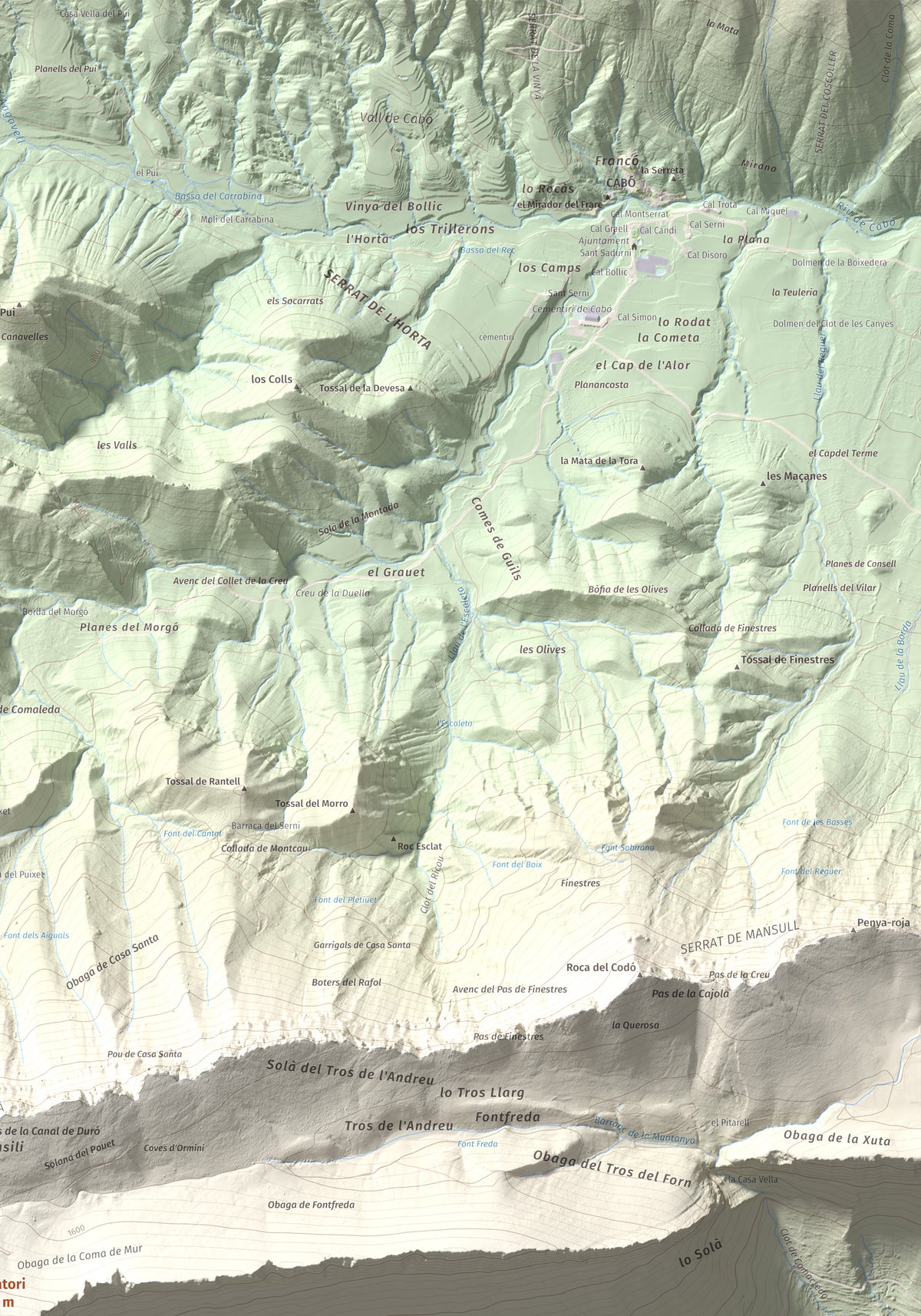 Mapa de relieve de l'Oratori, 1757 m, Alt Urgell, lámina 100 Cims de Trobart. Detalle de la zona superior derecha. 70 × 100 cm.