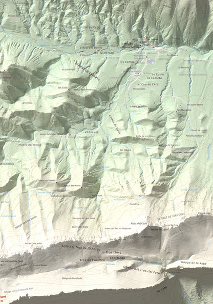 Mapa de relieve de l'Oratori, 1757 m, Alt Urgell, lámina 100 Cims de Trobart. Detalle de la zona superior derecha. 70 × 100 cm.