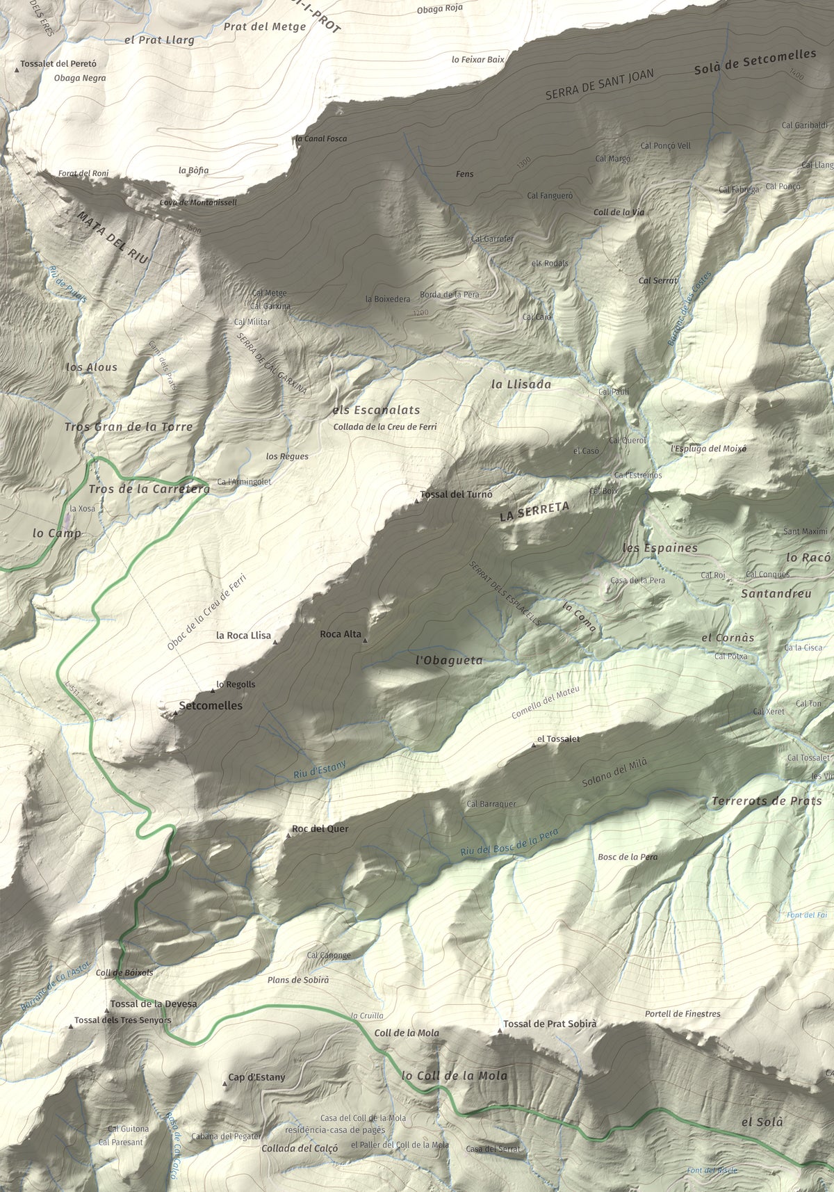 Mapa de relieve de l'Oratori, 1757 m, Alt Urgell, lámina 100 Cims de Trobart. Detalle de la zona inferior izquierda. 70 × 100 cm.