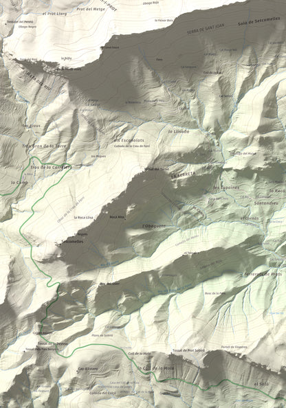 Mapa de relieve de l'Oratori, 1757 m, Alt Urgell, lámina 100 Cims de Trobart. Detalle de la zona inferior izquierda. 70 × 100 cm.