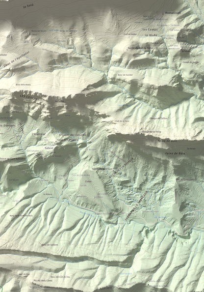 Mapa de relieve de l'Oratori, 1757 m, Alt Urgell, lámina 100 Cims de Trobart. Detalle de la zona inferior derecha. 70 × 100 cm.